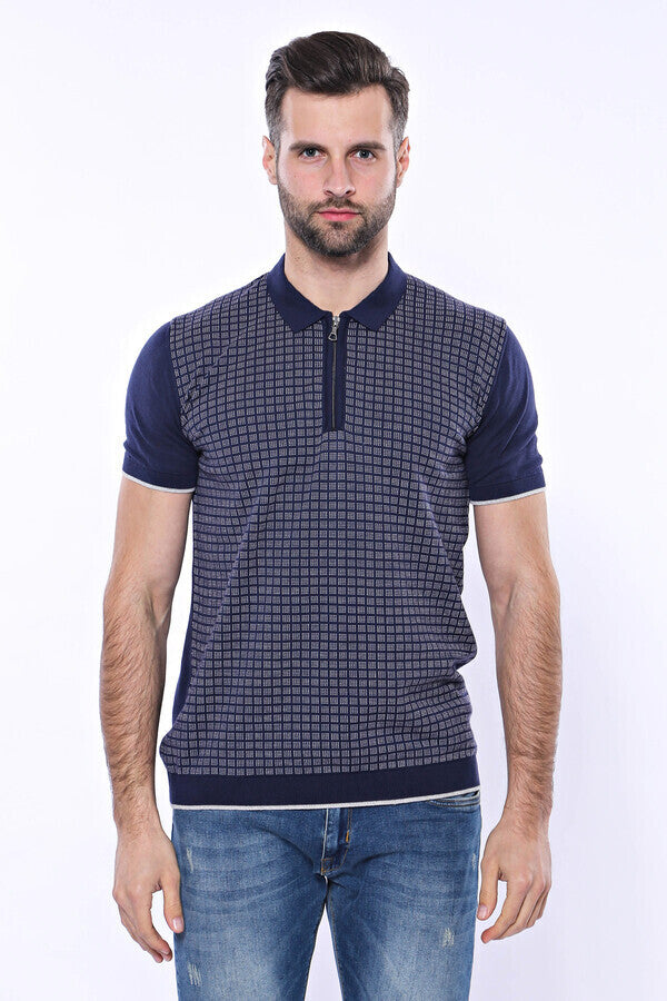 WSS Navy Plaid Zippered Knitted Polo T-Shirt  - Molfetta