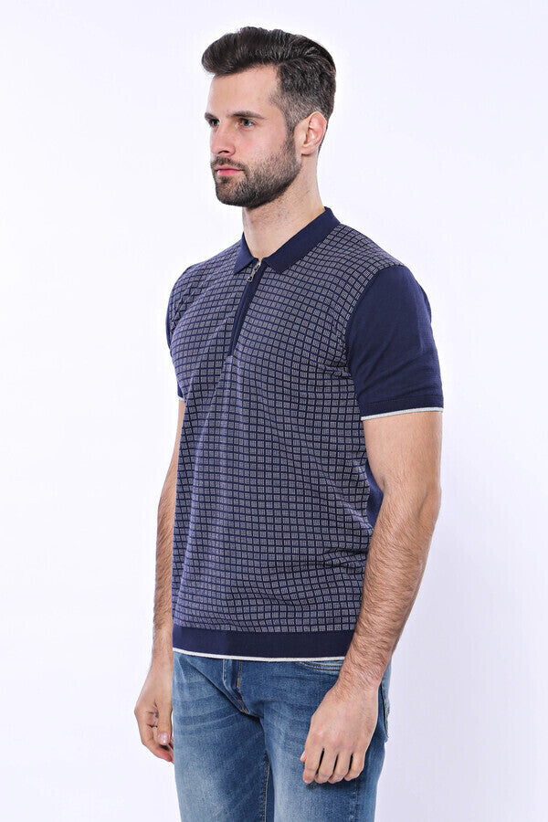 WSS Navy Plaid Zippered Knitted Polo T-Shirt  - Molfetta