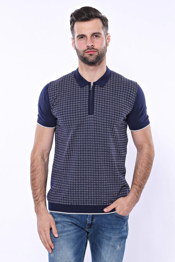 WSS Navy Plaid Zippered Knitted Polo T-Shirt  - Molfetta