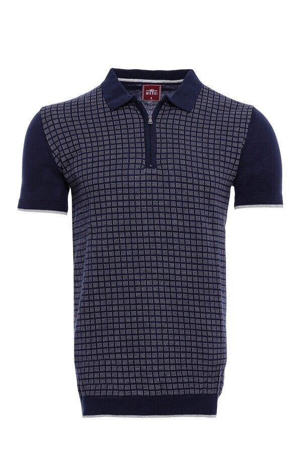 WSS Navy Plaid Zippered Knitted Polo T-Shirt  - Molfetta