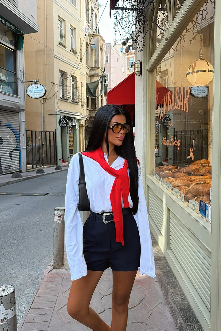 EYY Women Navy Shorts with Belt Detail - Laeken