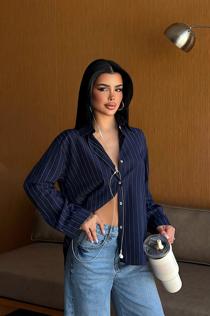 EYY Women Navy Striped Button-Down Shirt - Des Plaines