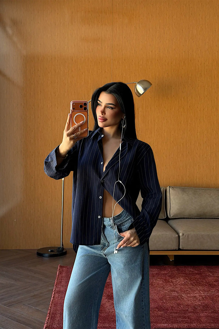EYY Women Navy Striped Button-Down Shirt - Des Plaines