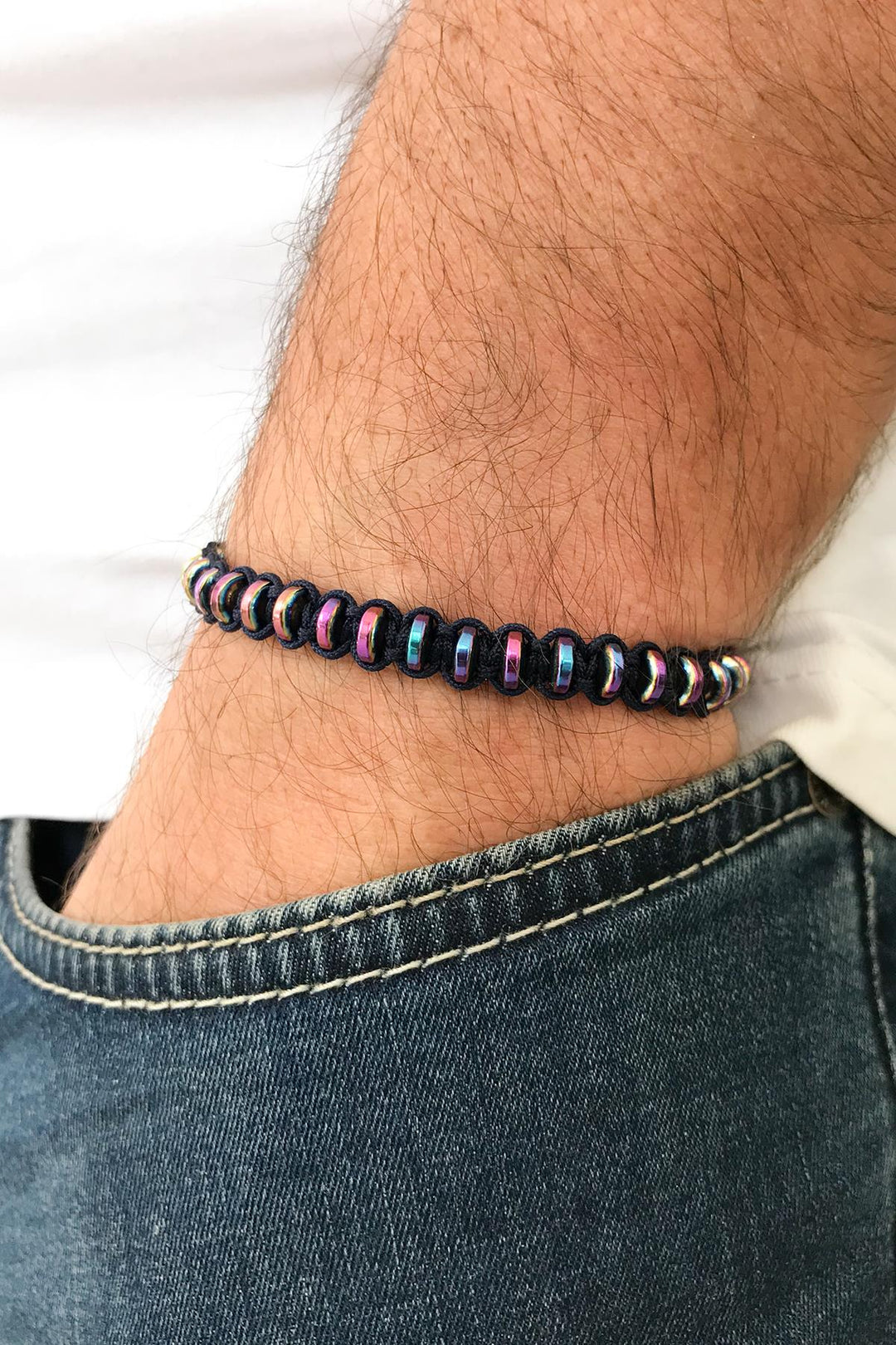 NVM NOON Hematite Stone Multi-Colored Adjustable Macrame Men's Bracelet NN1440 - Oak Lawn