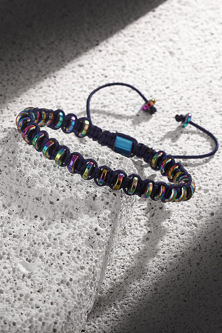 NVM NOON Hematite Stone Multi-Colored Adjustable Macrame Men's Bracelet NN1440 - Oak Lawn
