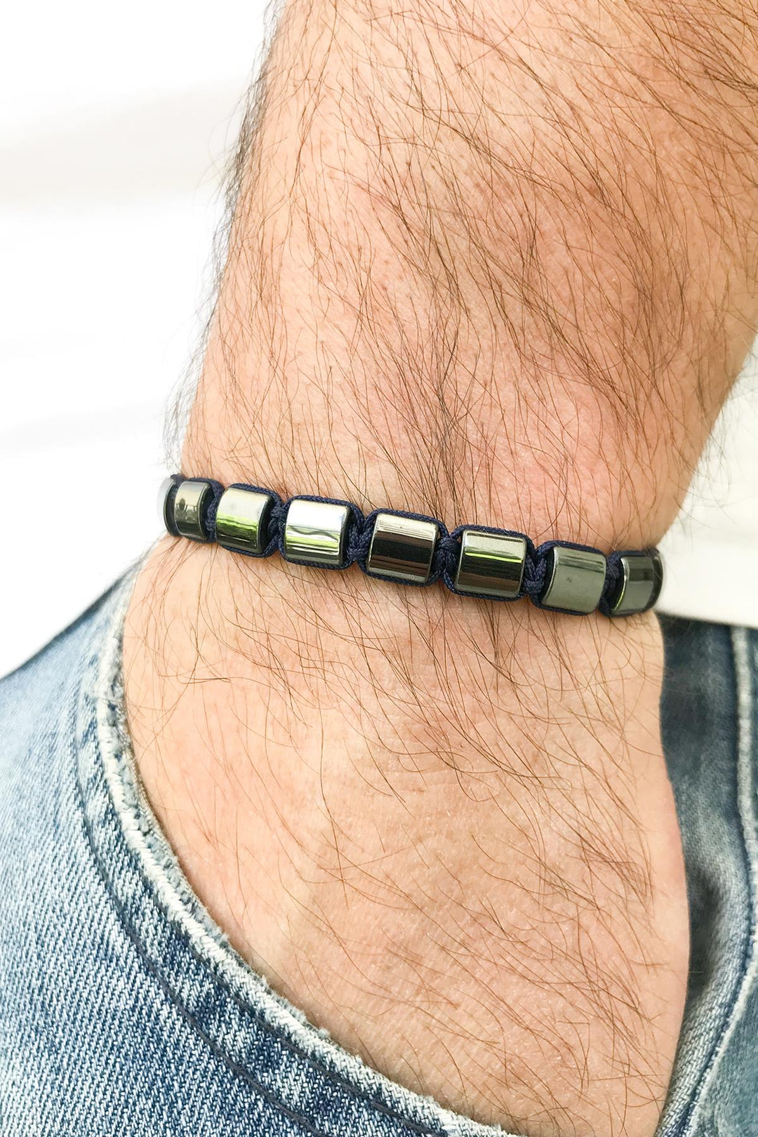 NVM Noon Hematite Stone Handmade Adjustable Navy Macrame Men's Bracelet NN1375 - Tepic