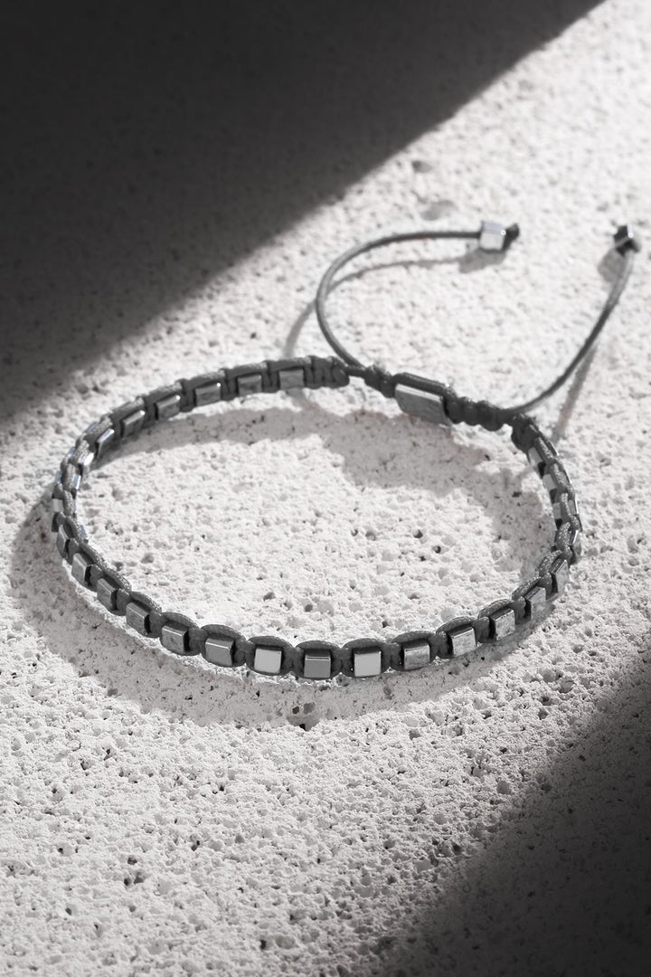 NVM NOON Square Figure Hematite Stone Grey Color Handmade Adjustable Macrame Men's Bracelet NN1424 - Anniston