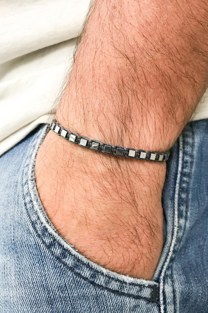 NVM NOON Square Figure Hematite Stone Grey Color Handmade Adjustable Macrame Men's Bracelet NN1424 - Anniston