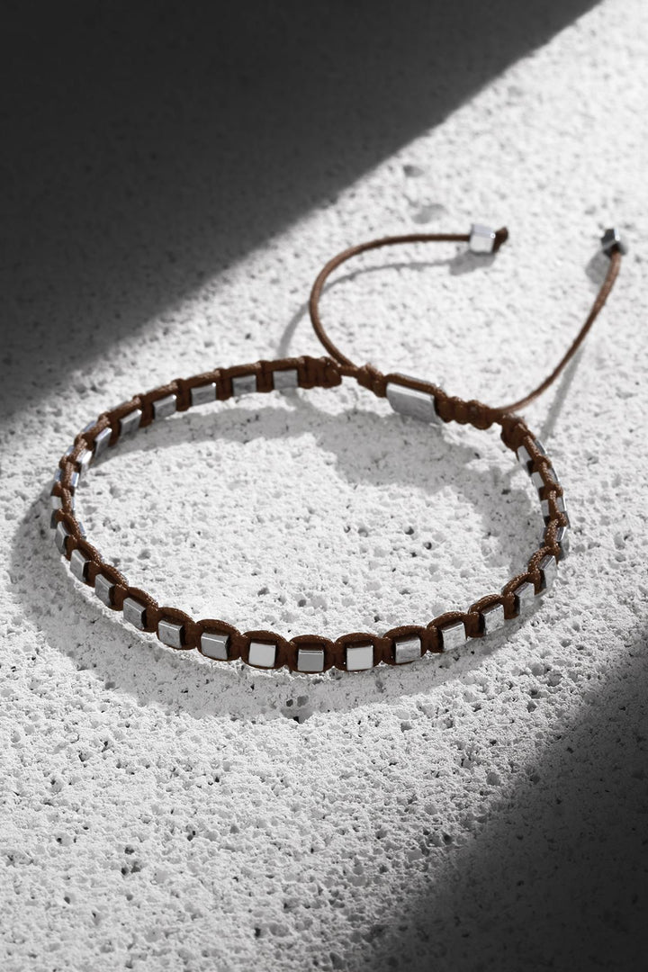 NVM NOON Square Shaped Hematite Stone Brown Color Handmade Adjustable Macrame Men's Bracelet NN1429 - Ibbenbüren
