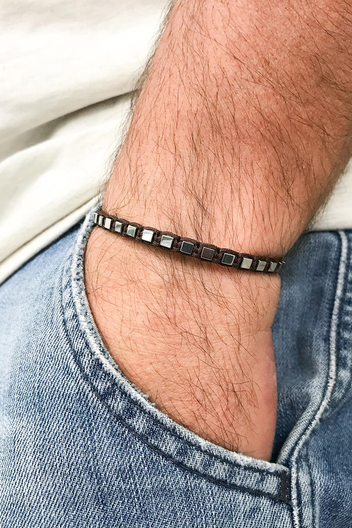 NVM NOON Square Shaped Hematite Stone Brown Color Handmade Adjustable Macrame Men's Bracelet NN1429 - Ibbenbüren