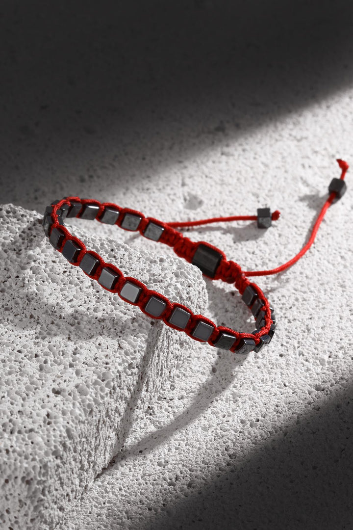 NVM NOON Square Shaped Hematite Stone Red Color Handmade Adjustable Macrame Men's Bracelet NN1407 - Fruit Cove
