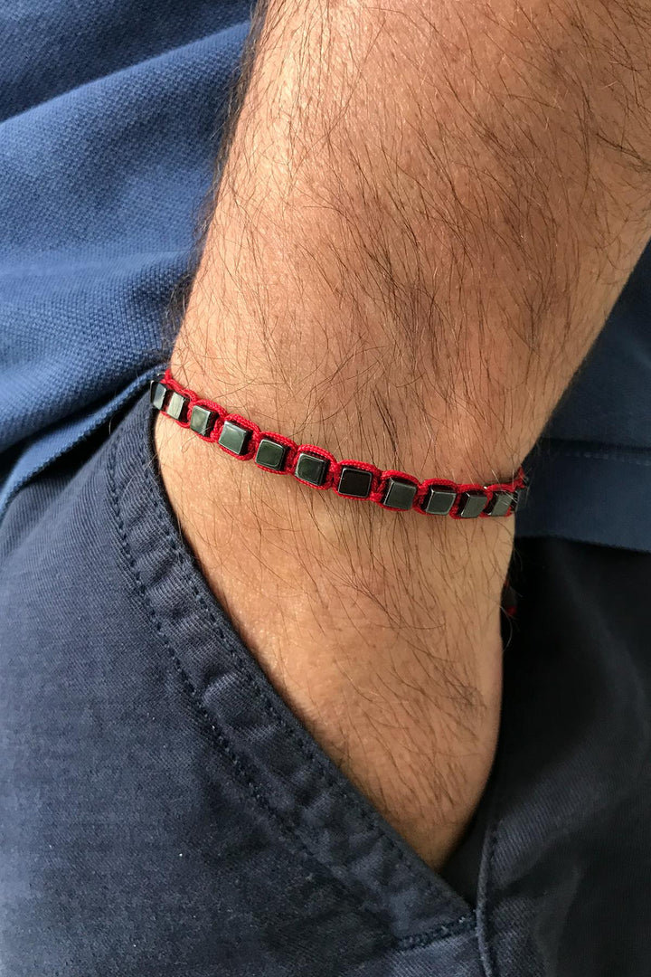 NVM NOON Square Shaped Hematite Stone Red Color Handmade Adjustable Macrame Men's Bracelet NN1407 - Fruit Cove