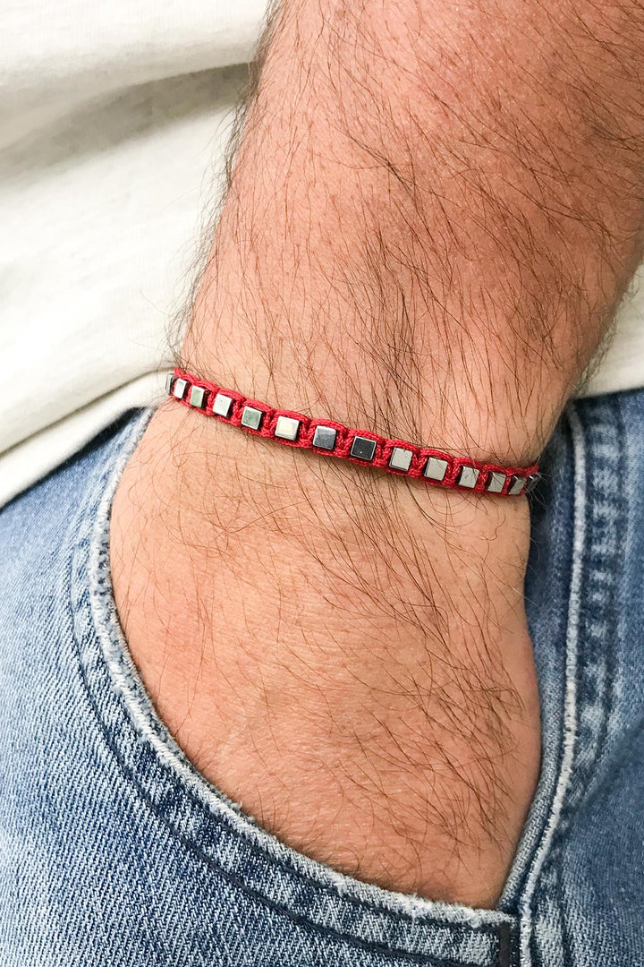 NVM NOON Square Shaped Hematite Stone Red Color Handmade Adjustable Macrame Men's Bracelet NN1423 - Sydney