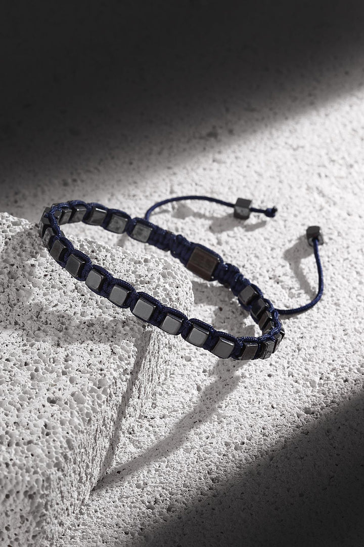 NVM NOON Square Shaped Hematite Stone Navy Blue Handmade Adjustable Macrame Men's Bracelet NN1406 - Novohrad-Volynskyi