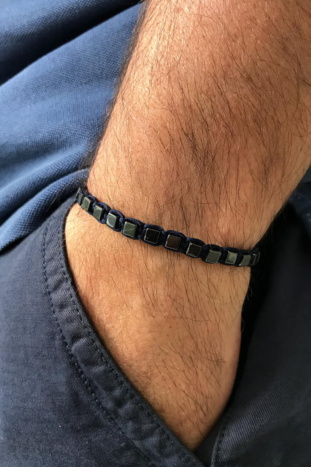 NVM NOON Square Shaped Hematite Stone Navy Blue Handmade Adjustable Macrame Men's Bracelet NN1406 - Novohrad-Volynskyi