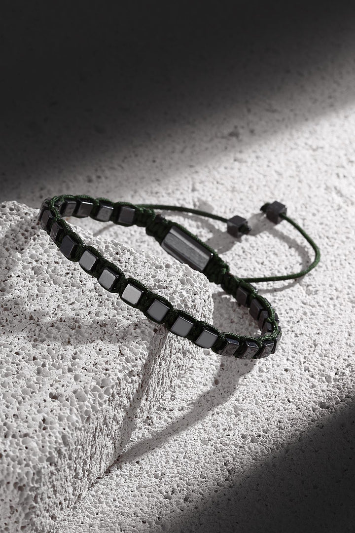NVM NOON Square Shaped Hematite Stone Green Color Handmade Adjustable Macrame Men's Bracelet NN1408 - Abbotsford