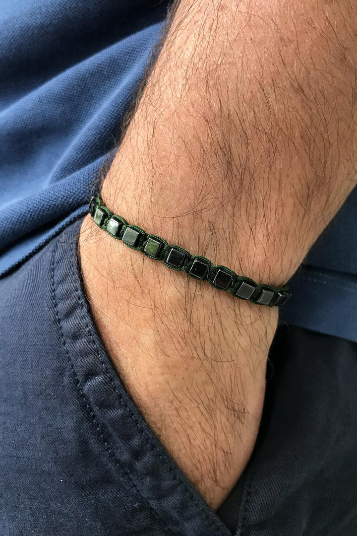 NVM NOON Square Shaped Hematite Stone Green Color Handmade Adjustable Macrame Men's Bracelet NN1408 - Abbotsford
