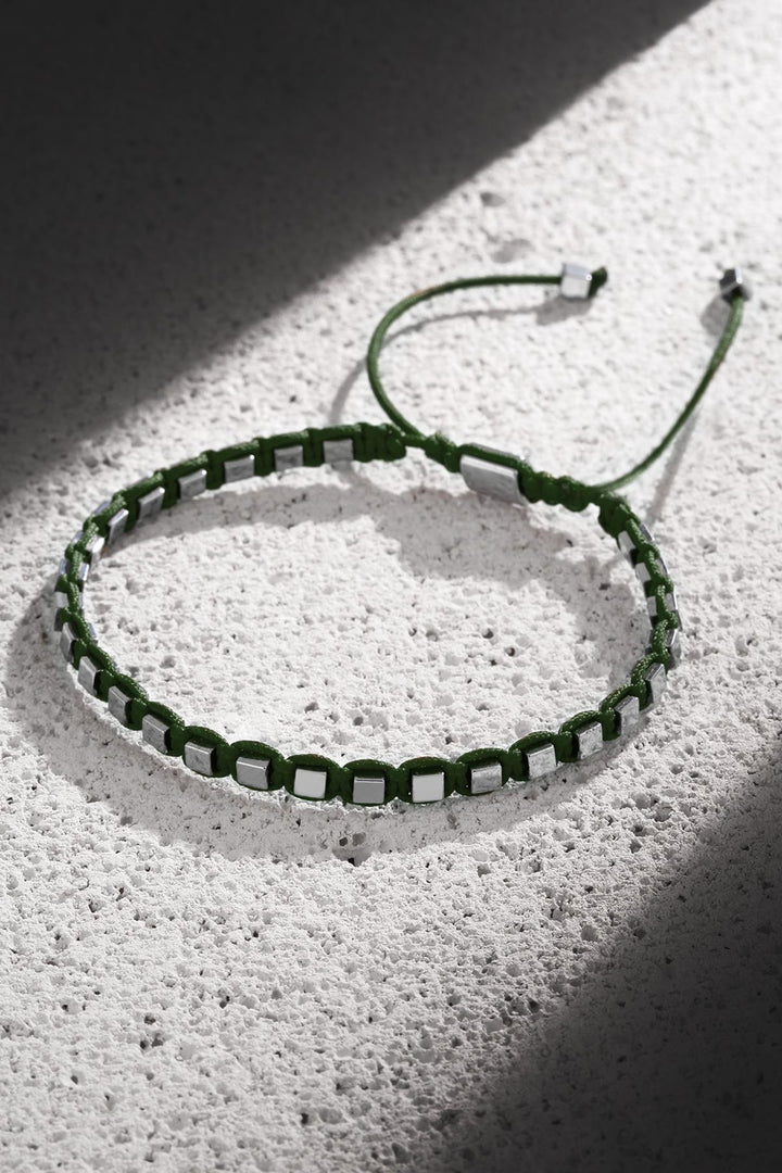 NVM NOON Square Shaped Hematite Stone Green Color Handmade Adjustable Macrame Men's Bracelet NN1425 - Bradford
