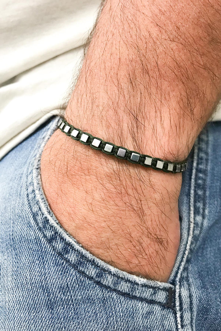 NVM NOON Square Shaped Hematite Stone Green Color Handmade Adjustable Macrame Men's Bracelet NN1425 - Bradford