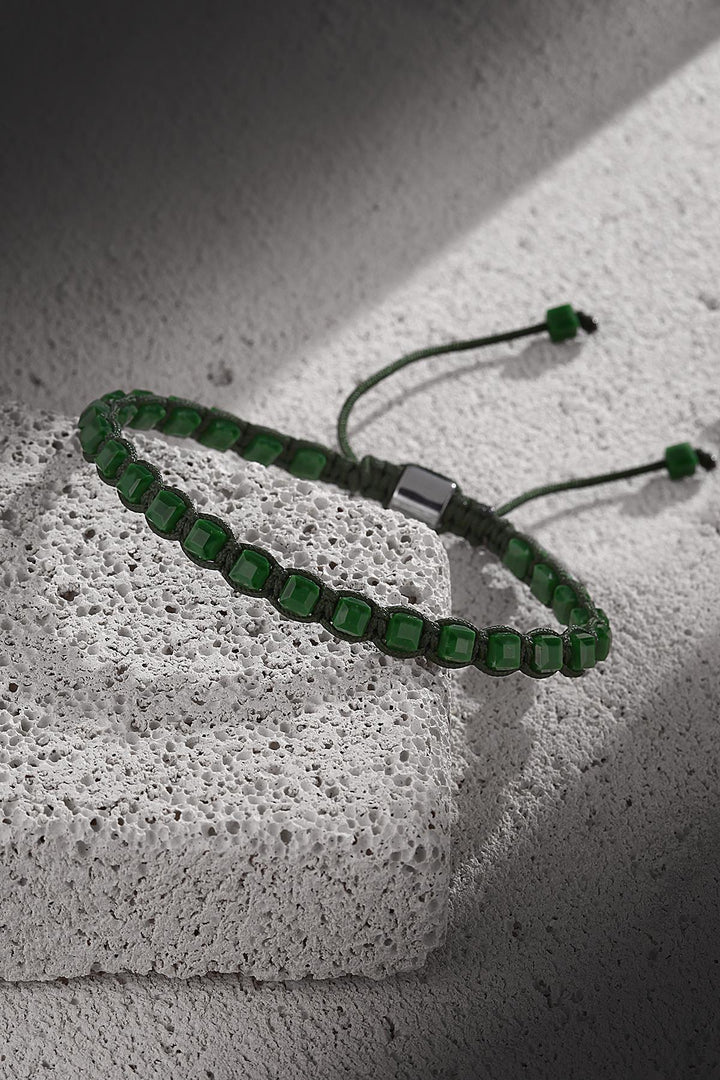 NVM NOON Cube Cut Crystal Stone Green Color Adjustable Macrame Men's Bracelet NN1458 - Frosinone