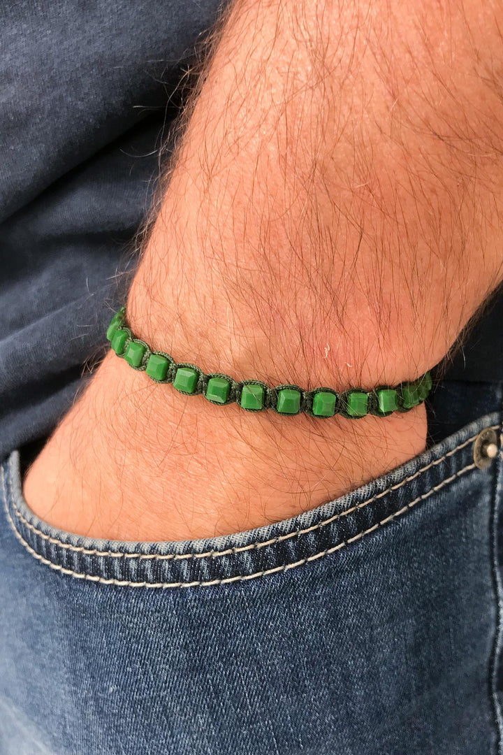 NVM NOON Cube Cut Crystal Stone Green Color Adjustable Macrame Men's Bracelet NN1458 - Frosinone