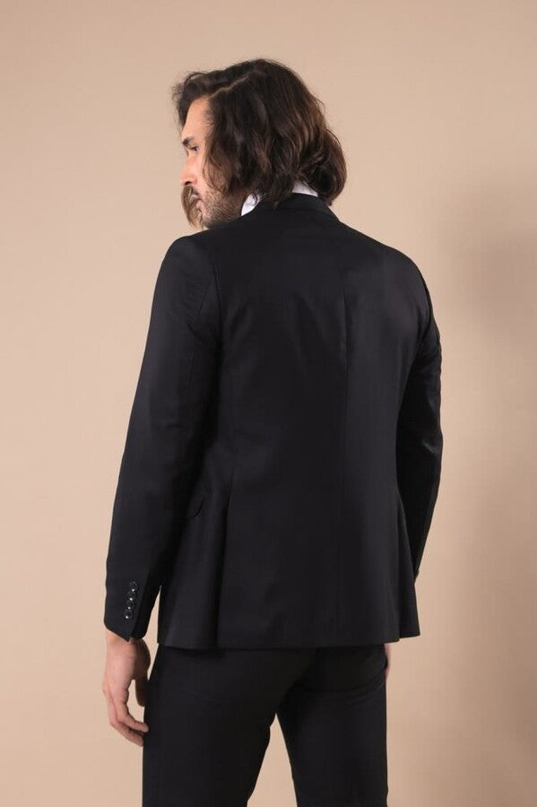 WSS Notch Lapel Slim Fit Single Button Black Suit  - Cascais