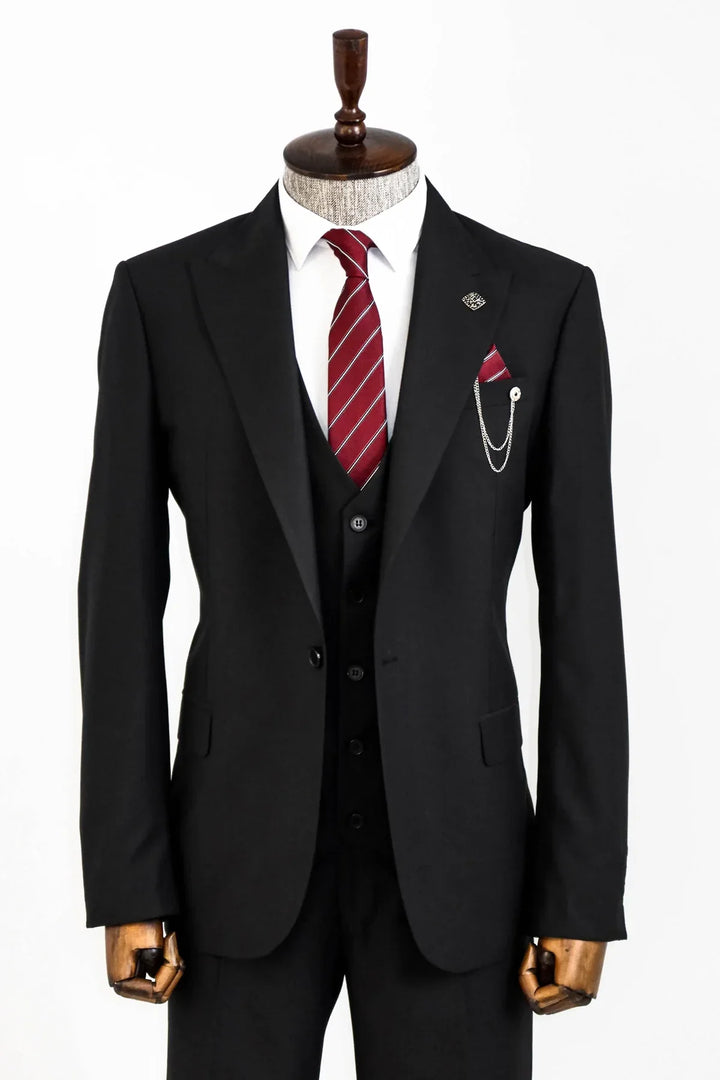 WSS Notch Lapel Slim Fit Single Button Black Suit  - Cascais