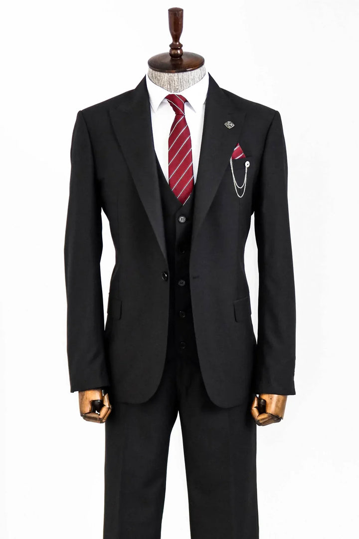 WSS Notch Lapel Slim Fit Single Button Black Suit  - Cascais