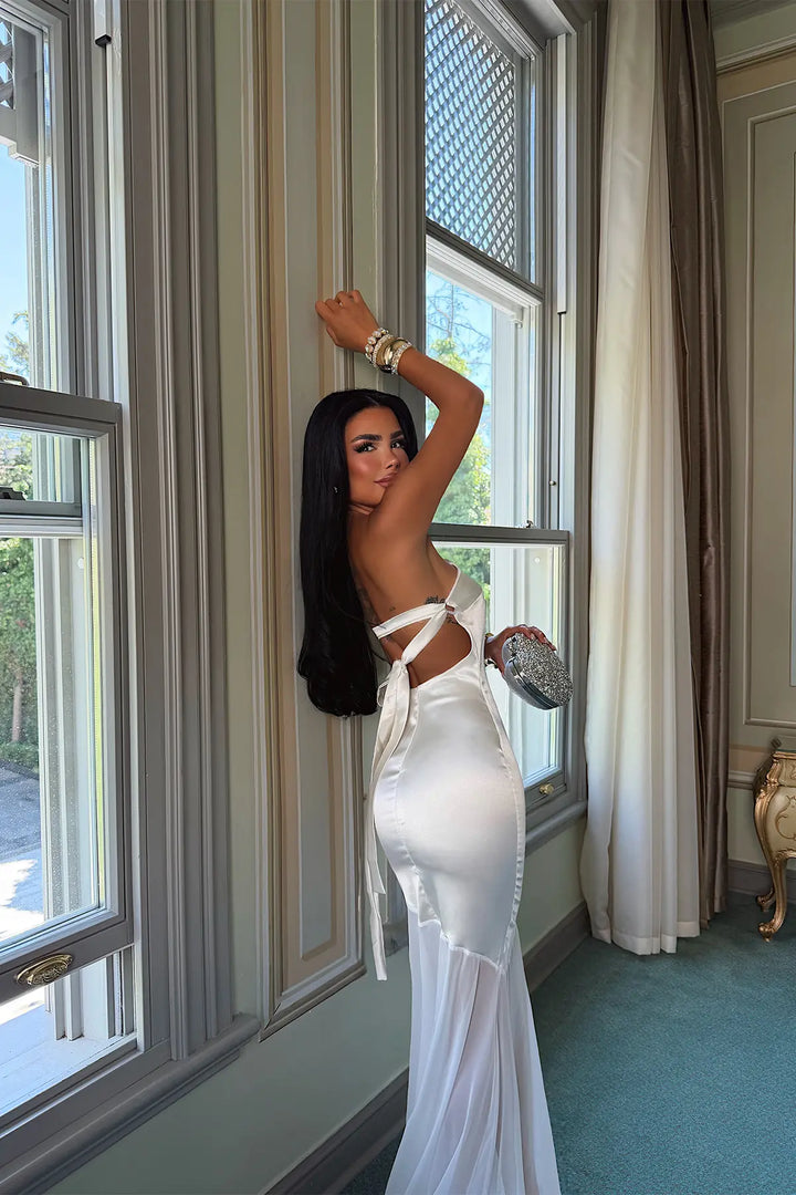 EYY Women Off-White Satin Midi Dress - Beckenham