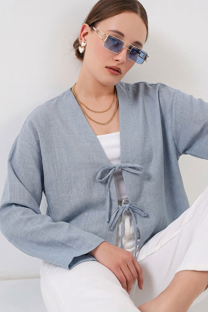 BGD Women Önü Bağlamalı Keten Kimono 960 - Açık Mavi - Stockton-on-Tees