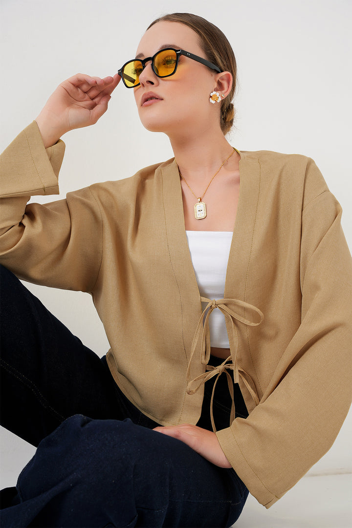 BGD Women Front Tied Linen Kimono 960 - Biscuit - St. Louis