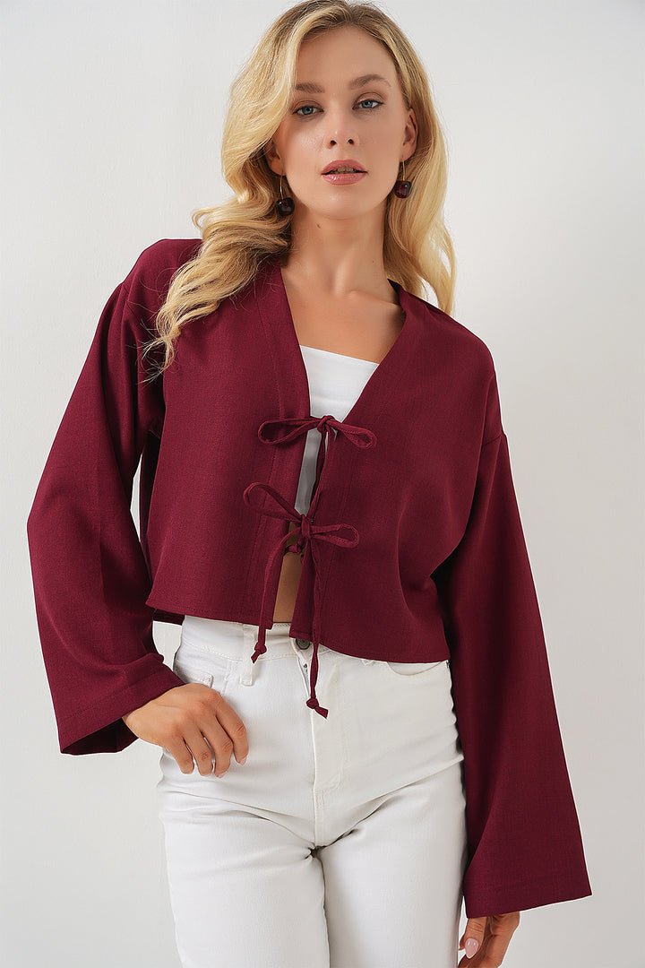 BGD Women Front Tied Linen Kimono 960 - Burgundy - Arad