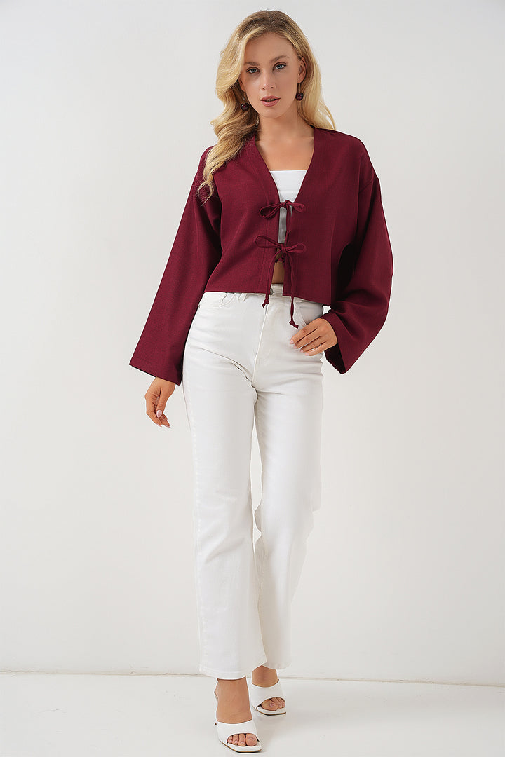 BGD Women Front Tied Linen Kimono 960 - Burgundy - Arad