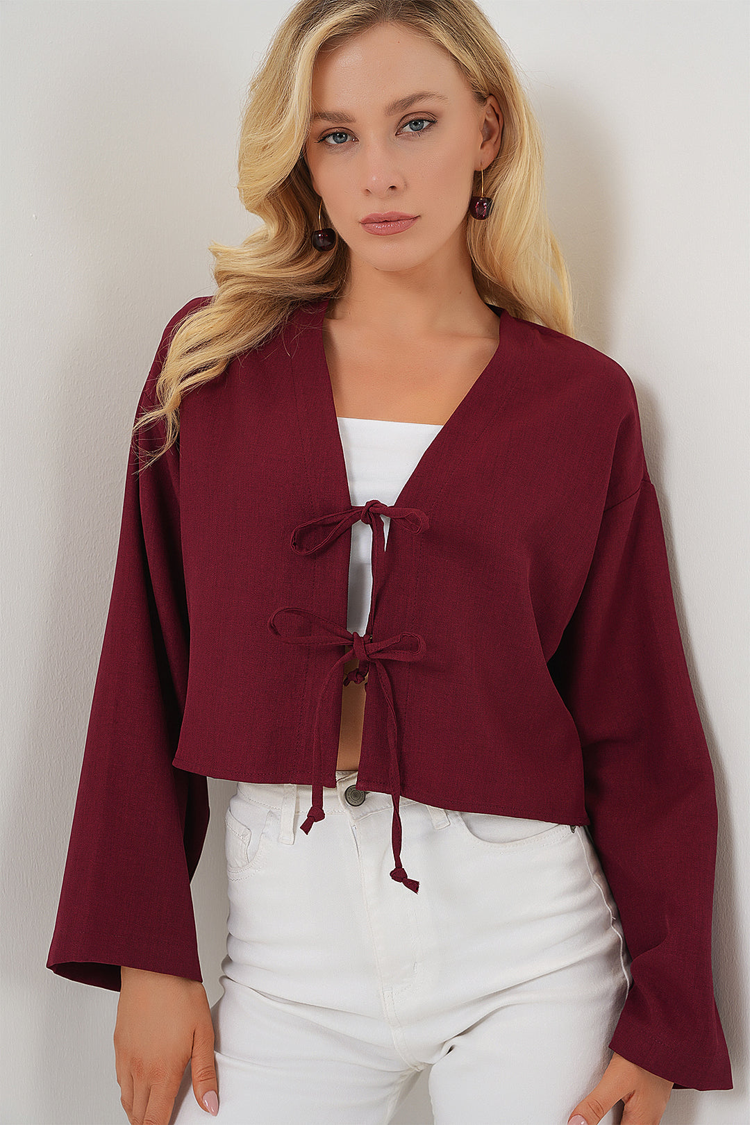 BGD Women Front Tied Linen Kimono 960 - Burgundy - Arad