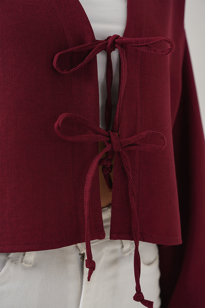 BGD Women Front Tied Linen Kimono 960 - Burgundy - Arad