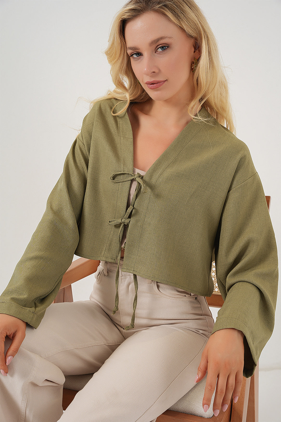 BGD Women Front Tied Linen Kimono 960 - Chartreuse - Darmstadt