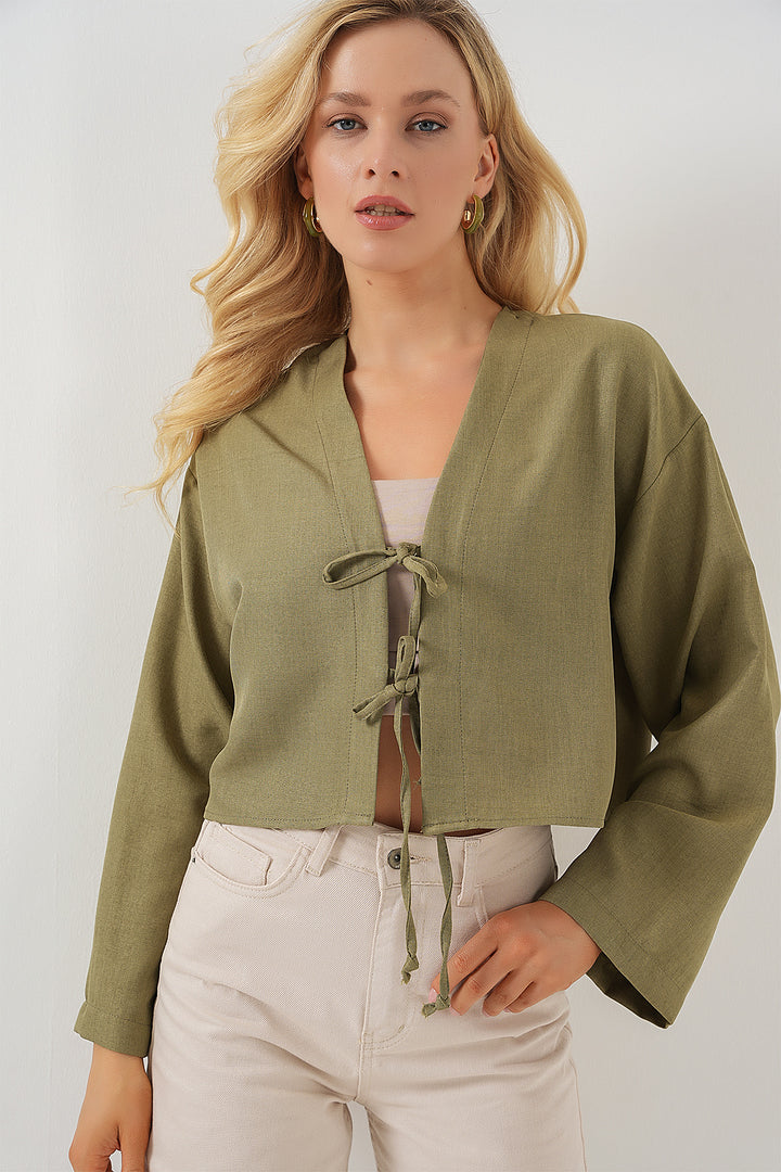 BGD Women Front Tied Linen Kimono 960 - Chartreuse - Darmstadt