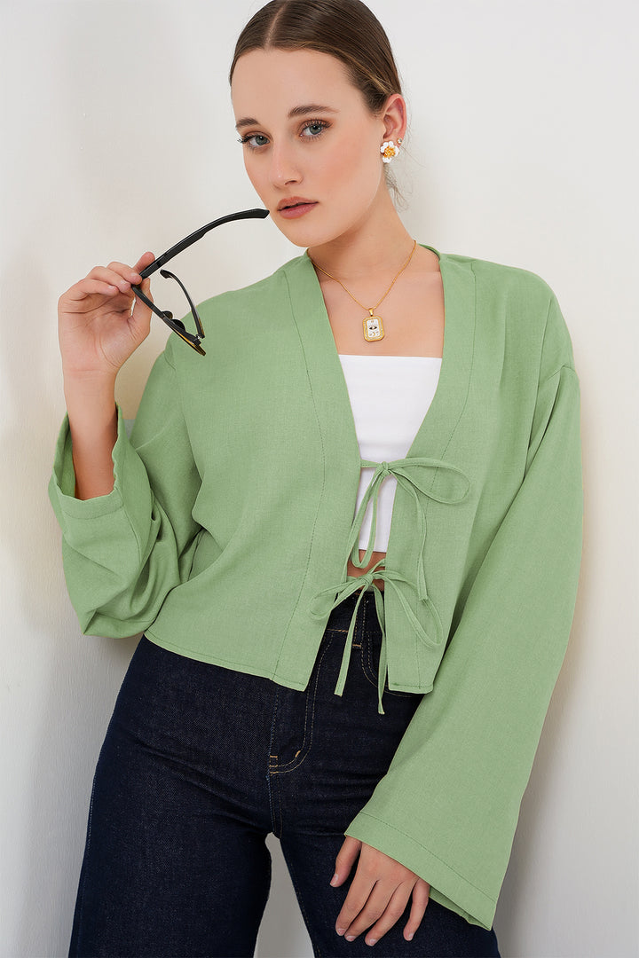 BGD Women Tied Front Linen Kimono 960 - Olive Green - Thornton