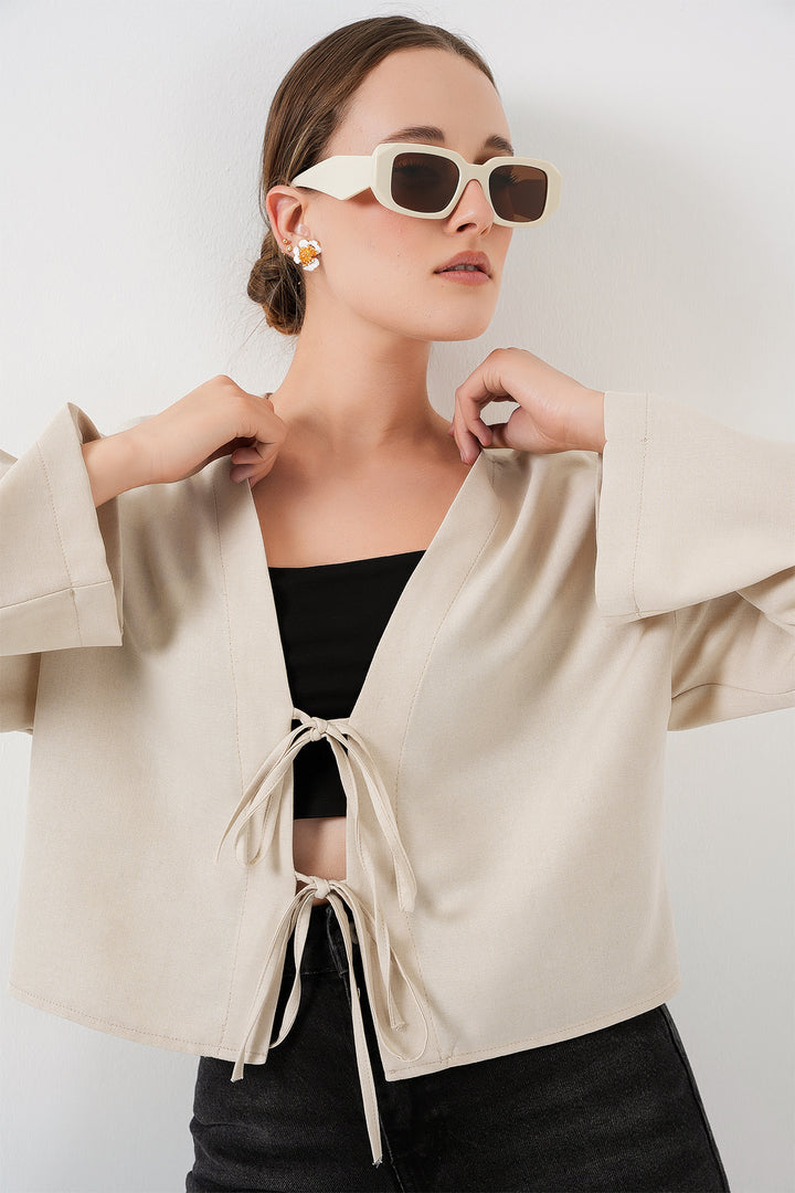 BGD Women Tie-Front Linen Kimono 960 - Ecru - Brighton