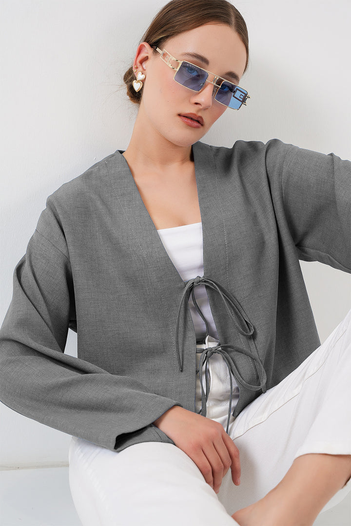 BGD Women Front Tied Linen Kimono 960 - Gray - Marion