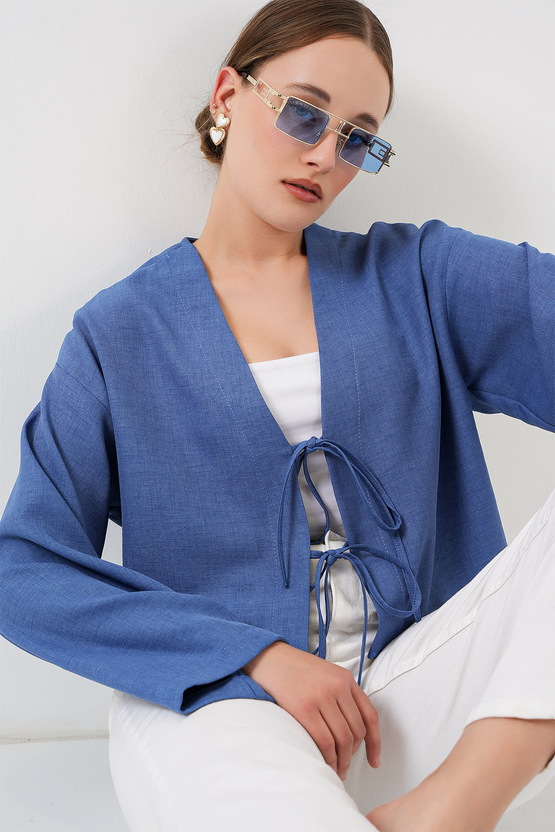 BGD Women Tie-Front Linen Kimono 960 - Indigo - Vannes