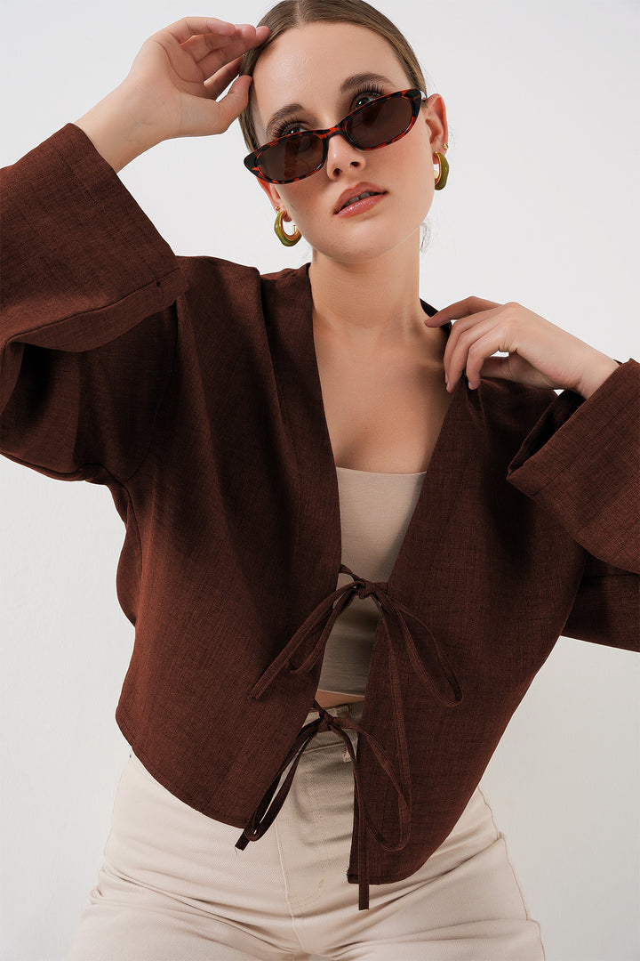 BGD Women Front Tied Linen Kimono 960 - Brown - Aurora