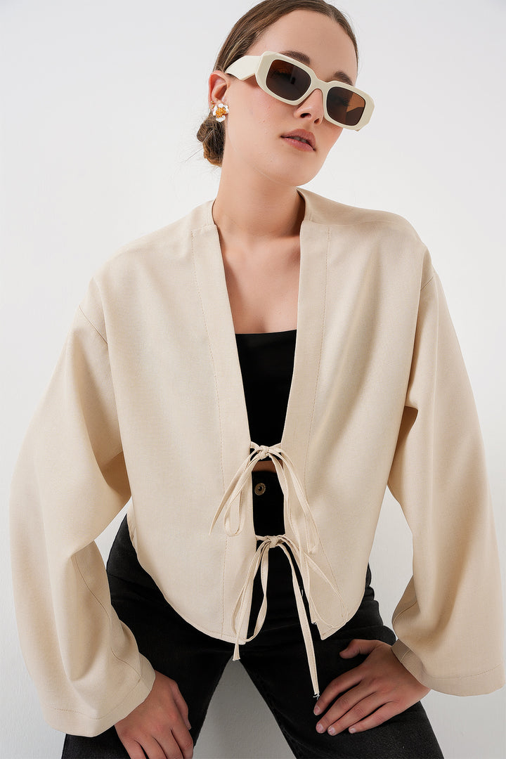 BGD Women Front Tied Linen Kimono 960 - Cream - Guasavito
