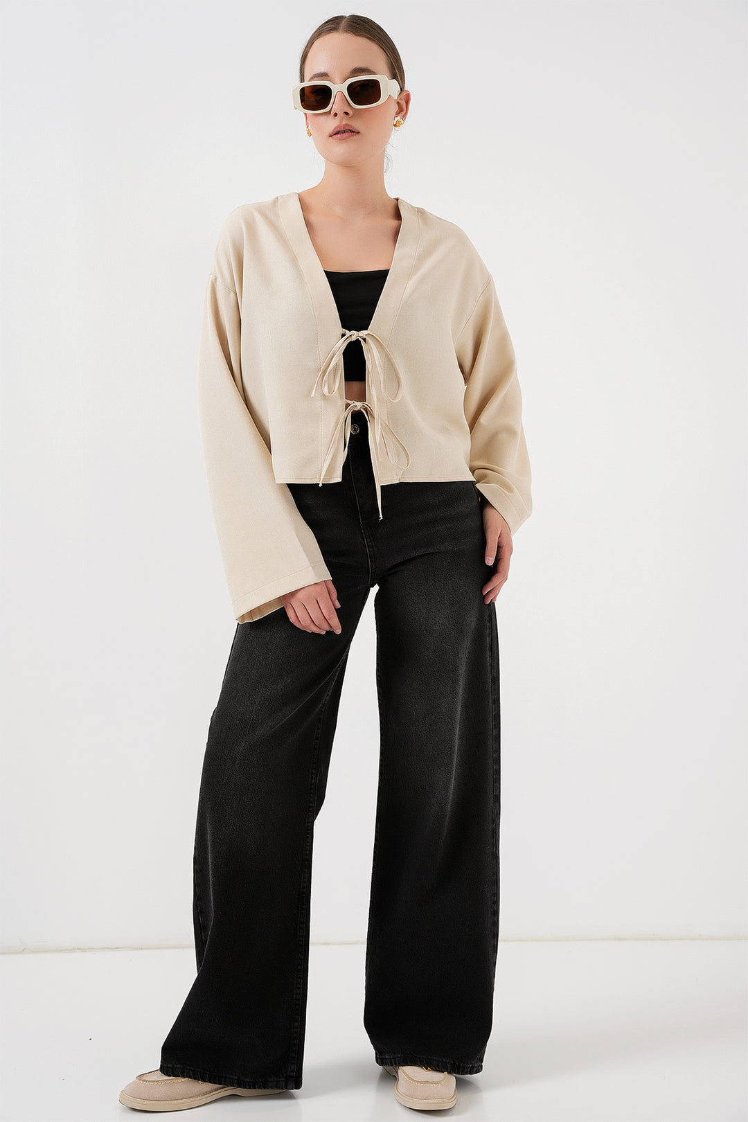 BGD Women Front Tied Linen Kimono 960 - Cream - Guasavito