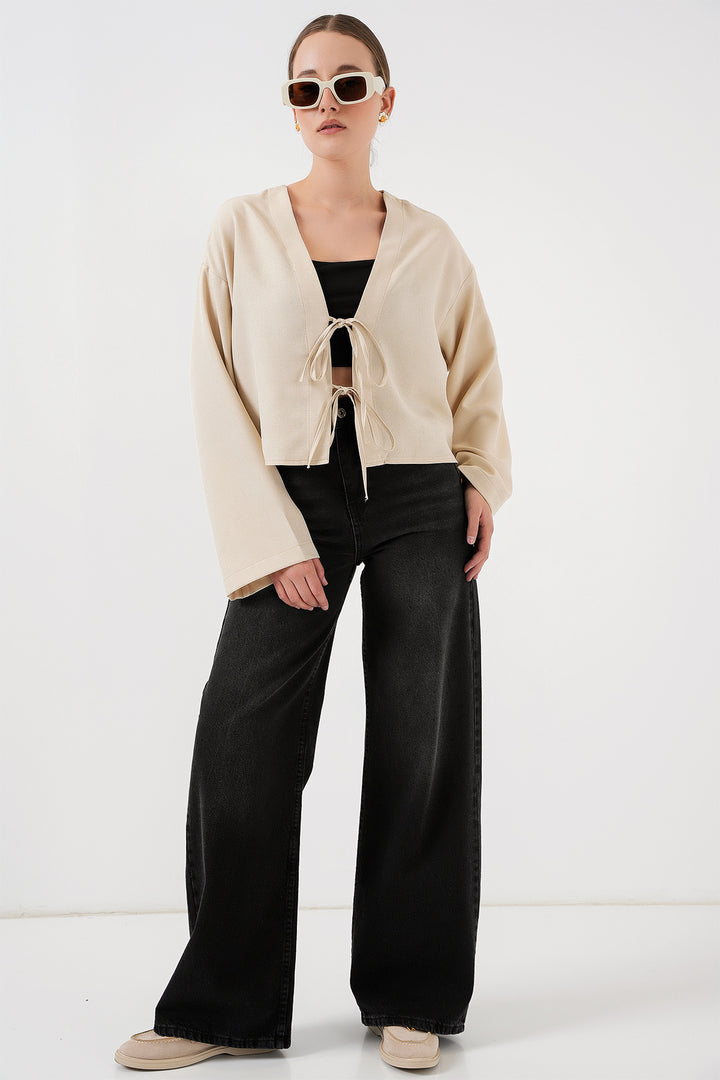 BGD Women Front Tied Linen Kimono 960 - Cream - Guasavito