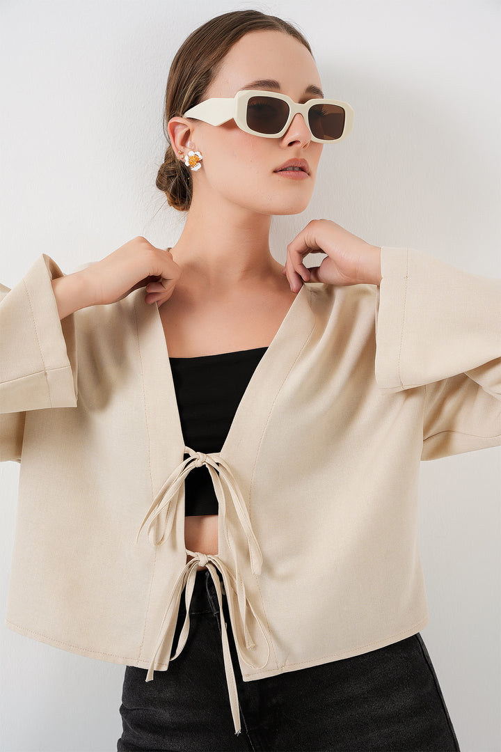 BGD Women Front Tied Linen Kimono 960 - Cream - Guasavito