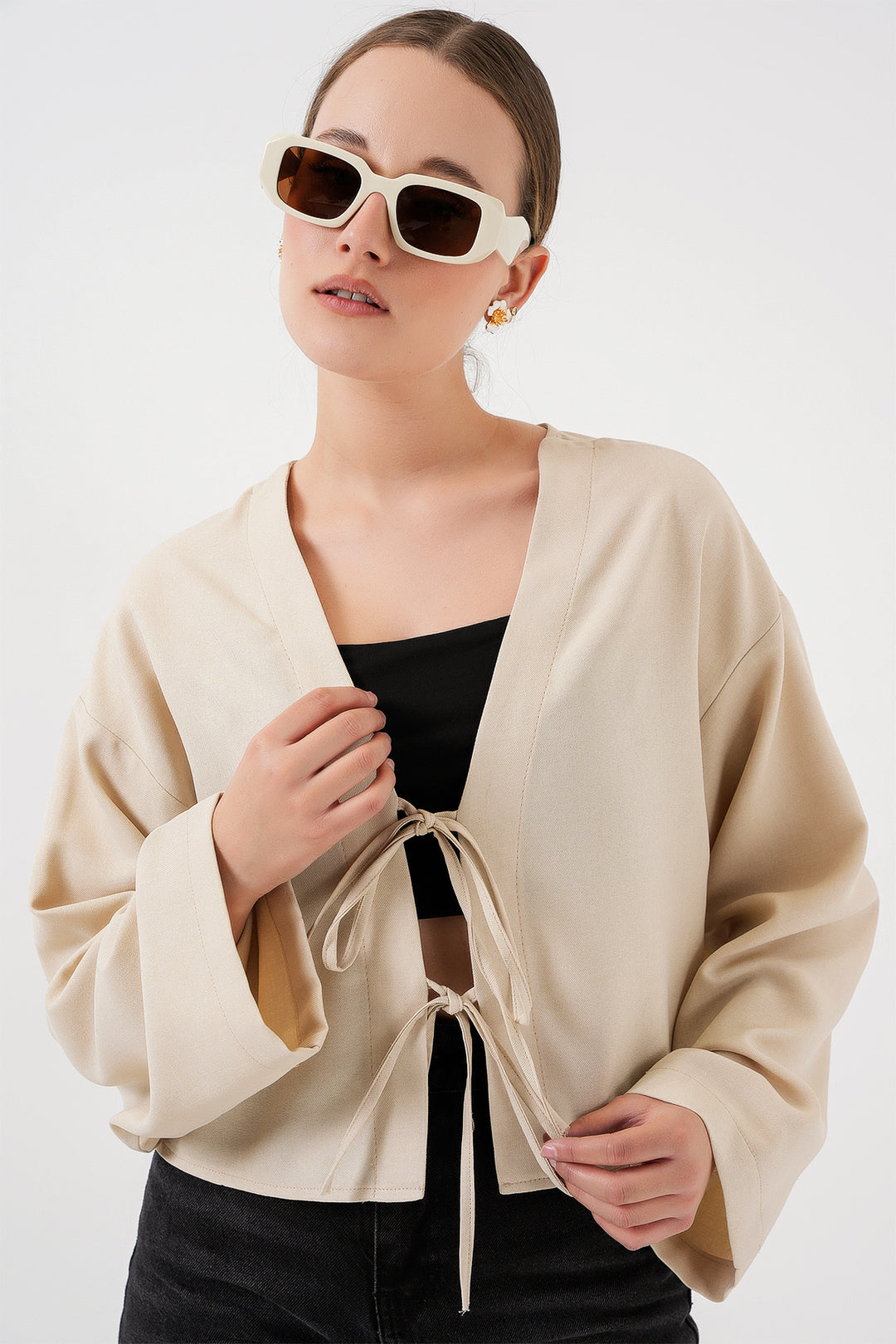 BGD Women Front Tied Linen Kimono 960 - Cream - Guasavito