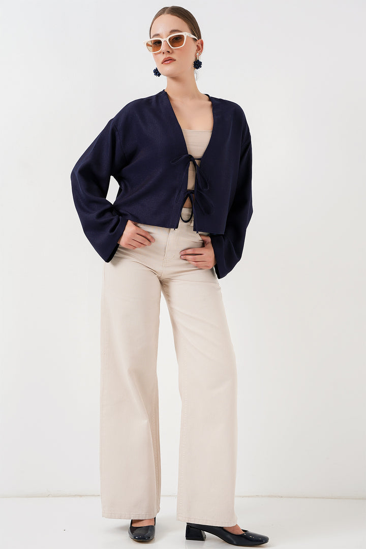 BGD Women Tie-Front Linen Kimono 960 - Navy - Roswell