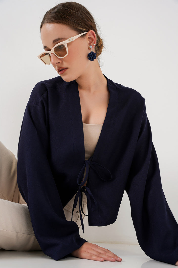 BGD Women Tie-Front Linen Kimono 960 - Navy - Roswell