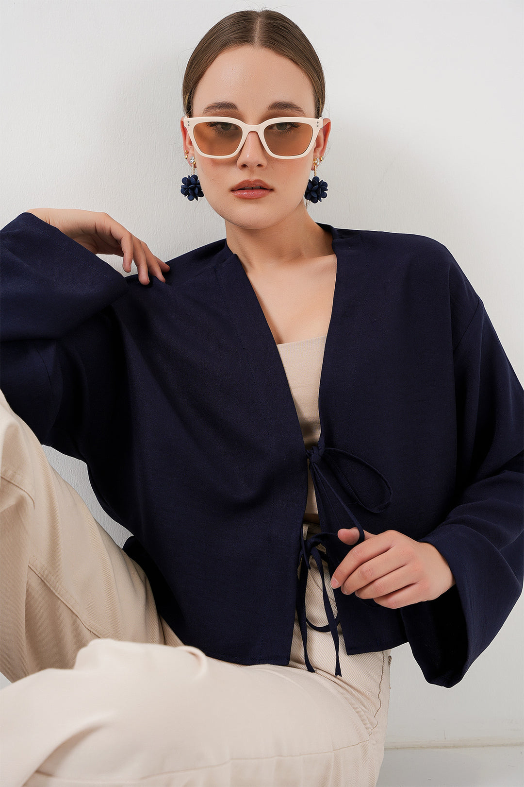 BGD Women Tie-Front Linen Kimono 960 - Navy - Roswell